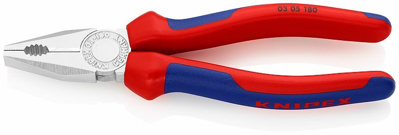 KN-0305180SB KNIPEX Плоскогубцы комбинированные, рез: проволока средней твёрдости d 3.4 мм, твёрдая проволока d 2.2 мм, кабель d 12 мм (16 кв. мм), 180 мм, хром, 2К ручки