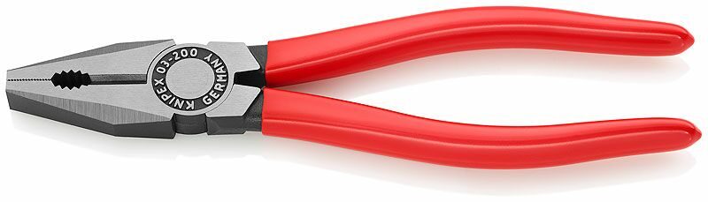 KN-0301200SB KNIPEX Плоскогубцы комбинированные, рез: проволока средней твёрдости d 3.8 мм, твёрдая проволока d 2.5 мм, кабель d 13 мм (16 кв. мм), 200 мм, чёрные, 1К ручки